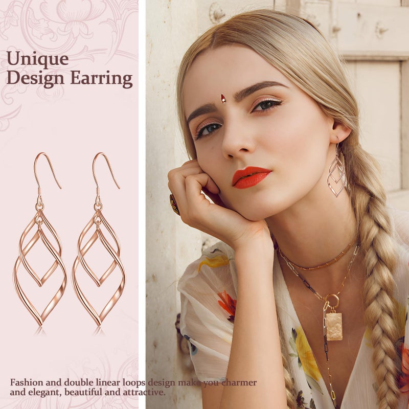 Bassion Sterling Silver Dangle Earrings for Women, 14k Gold Plated Double Linear Drop Statement Earrings Anniversary Birthday Gifts for Women(Rose Glod) - Image 3